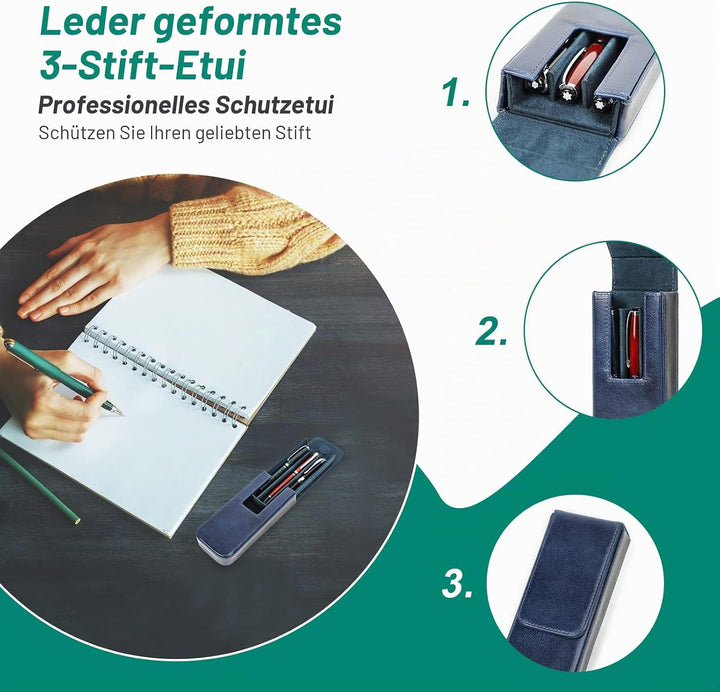 Hiram Leder-Füllhalteretui, Leder-Füllhalterbox für 3 Stifte mit Verstecktem Magnetischem Schnappver