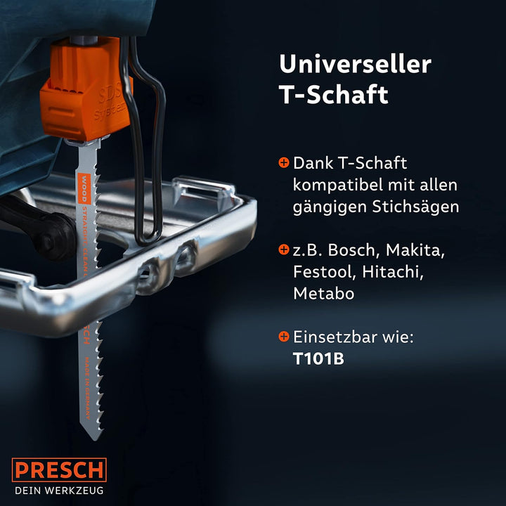 Presch Stichsägeblätter Holz 10 Stk. - Sehr sauberer, gerader Feinschnitt (3-30mm) - Langlebige T-Sc