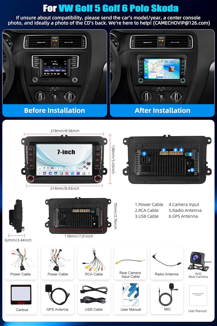 CAMECHO 2+64G Android 15 VW Autoradio für VW Golf 5 6 Polo Skoda mit Navi Carplay Android Auto,7-Zol