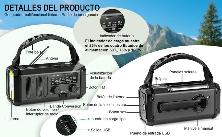 Tragbares Notfallradio 20000 mAh, SOS-Alarm, FM/AM-Radio mit Leselampe, Kompass, Kurbelgenerator und