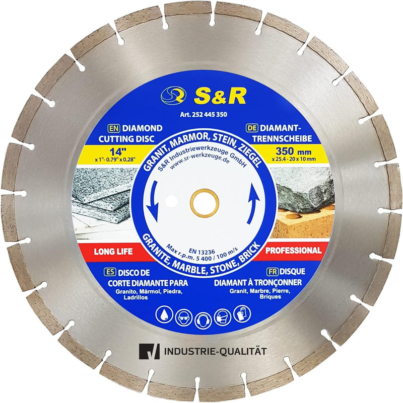 S&R Diamant-Trennscheibe 350 x 25.4 x 3.0 x 10 mm, in Industrie-Qualität für Naturstein, Kunststein,