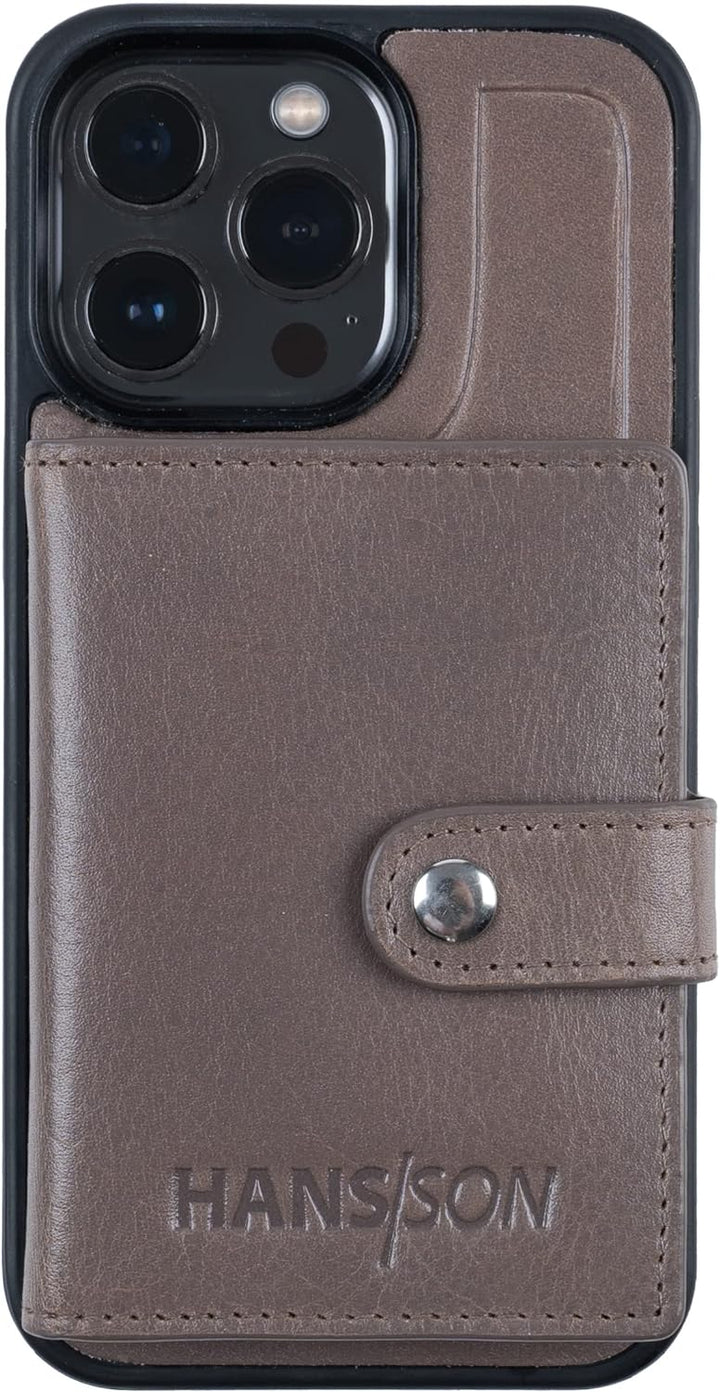 HANS/SON Handyhülle aus Echtleder mit Kartenfach | Für iPhone 13 Pro | Graues Ledercase mit Kreditka
