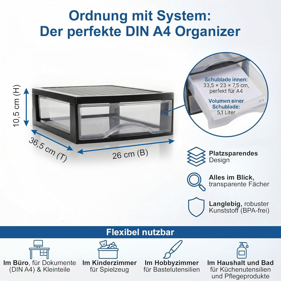 Hausfelder Schubladenbox A4 mit 1 Schublade, Transparente Kunststoff Schubladenbox für Schreibtisch,