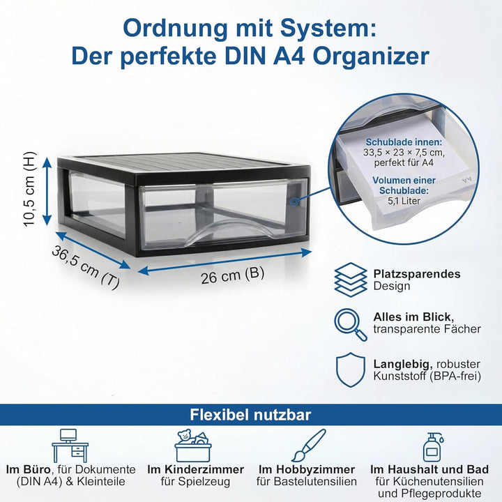Hausfelder Schubladenbox A4 mit 1 Schublade, Transparente Kunststoff Schubladenbox für Schreibtisch,