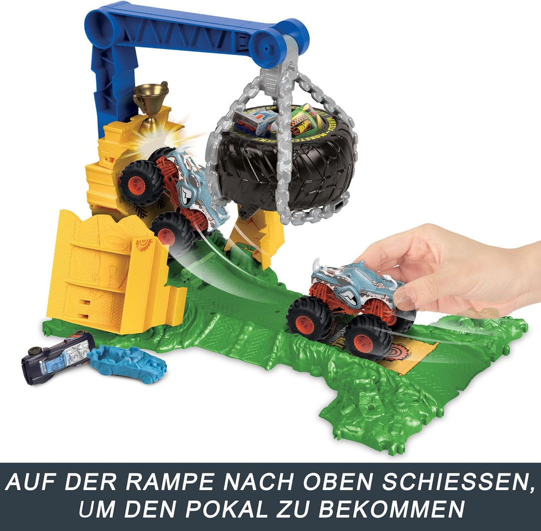 Hot Wheels Monster Trucks Rhinomite Angriffs-Challenge Spielset mit einem Spielzeugtruck und 2 zerdr