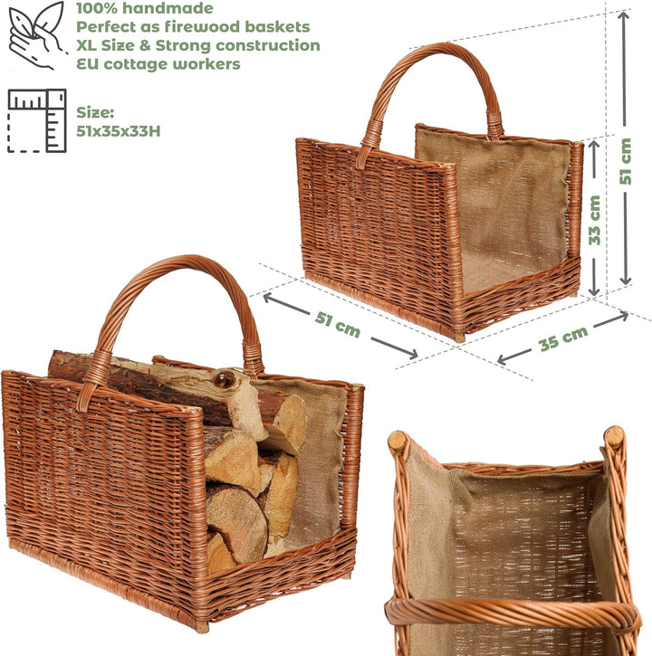 BOGATECO Weidenkorb mit quadratischem Griff | Grosser Kaminkorb 51X35X33 | Handgewebt | Mit Jute aus