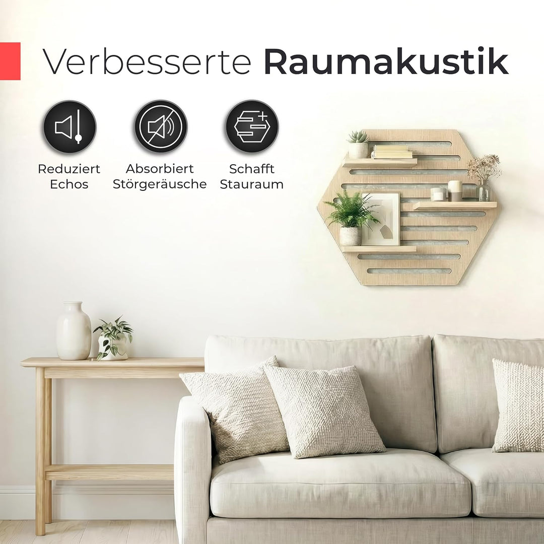 Akustikpaneele Holz Wandregal – Echtholz Eiche & Akustikfilz Grau | Hexagon 65x52cm – Regal & Schall