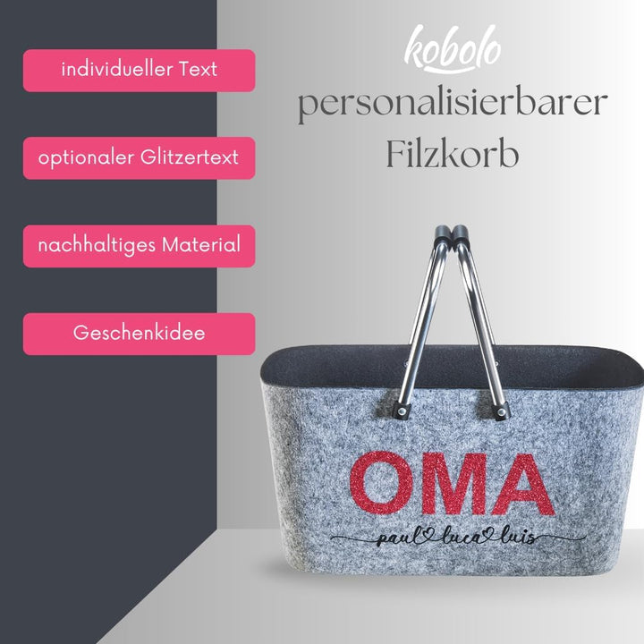 Kobolo personalisierbarer Filzkorb | 42x30x22 cm | grau-schwarz | moderner Einkaufskorb mit stabilen