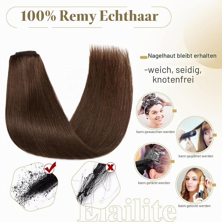 Elailite Extensions Echthaar Clip in 8 Tressen Glatt #4 Mittel braun, Haarverlängerung Real Human Ha