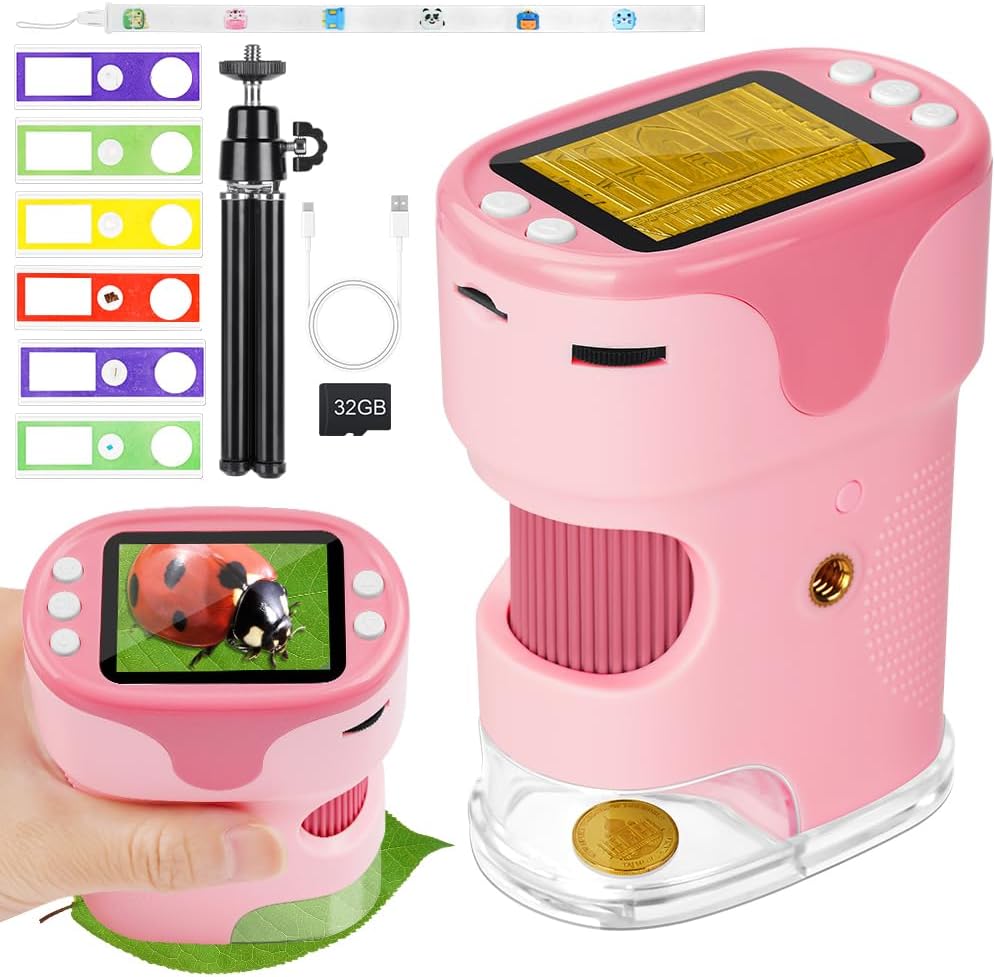 AXFEE Mikroskop für Kinder, 1000X Tragbares Taschenmikroskop mit LED, Mini-Mikroskop mit 2,0" LCD-Di