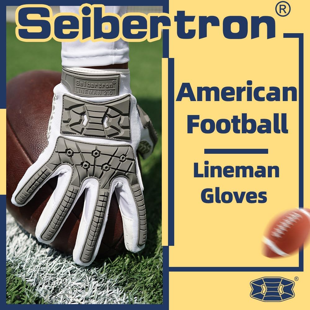 Seibertron Lineman 2.0 Padded Palm Football Receiver Gloves, Flexible TPR Impact Protection Back of