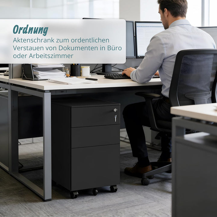 Relaxdays Rollcontainer, 3 Schubladen, HxBxT: 60 x 39 x 52 cm, abschliessbar, Aktenschrank auf Rolle