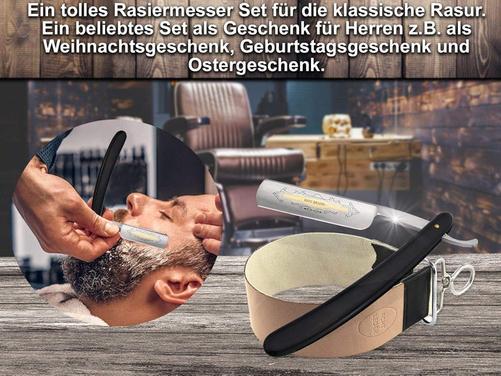 InstrumenteNrw Streichriemen mit Rasiermesser als Bartmesser Set - 2-Teilig - Klinge mit Goldätzung