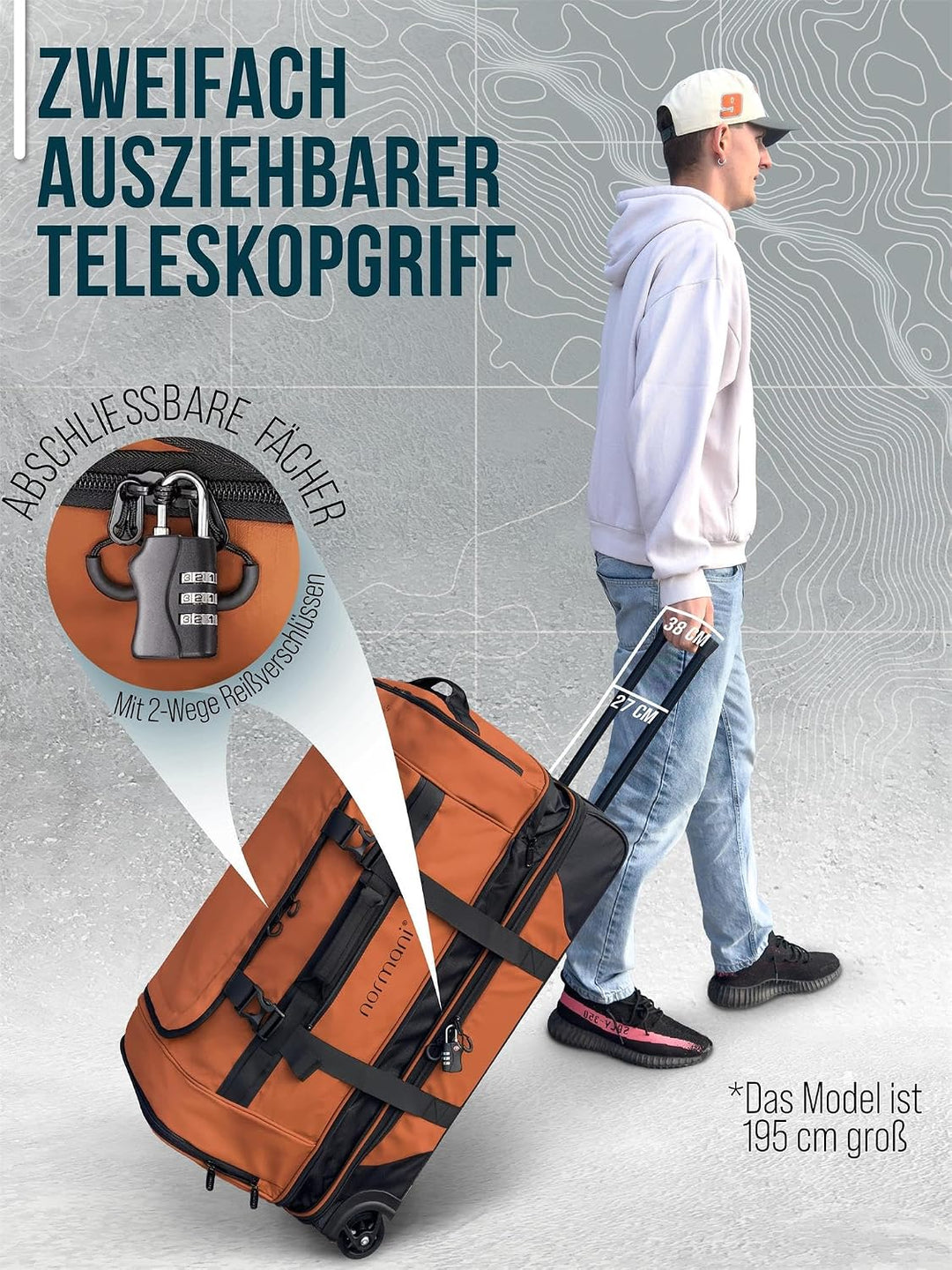 normani XXL Reisetasche 100-120 Liter 2-Rad Trolley gross Weichgepäck Travel Bag mit Rollen und 8 Fä