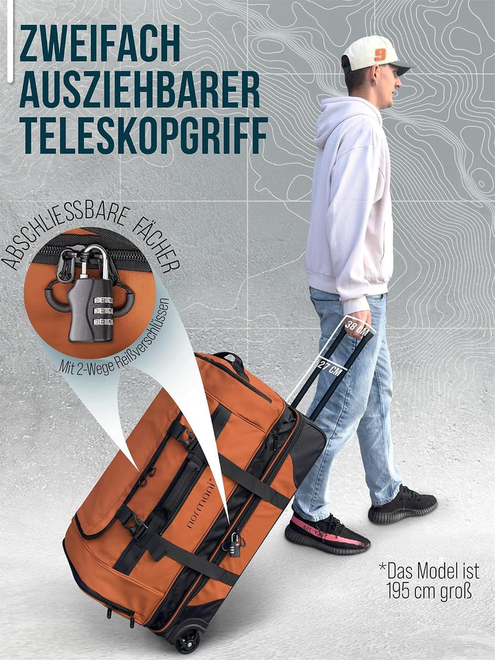 normani XXL Reisetasche 100-120 Liter 2-Rad Trolley gross Weichgepäck Travel Bag mit Rollen und 8 Fä