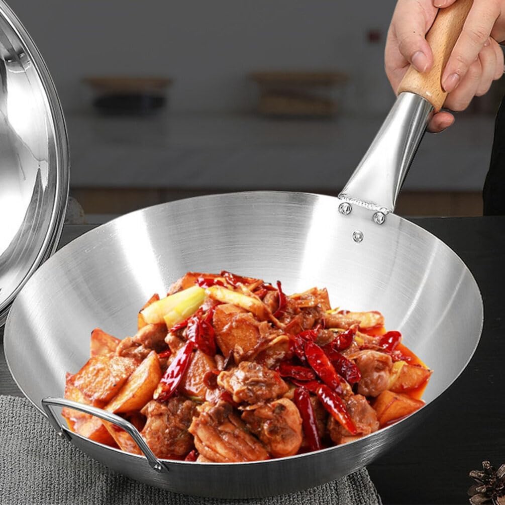 BESTonZON Edelstahlpfanne Edelstahl-Wok 13 Pfannen Chinesischer Wok Mit Holz- Und Stahl-Hilfsgriff F