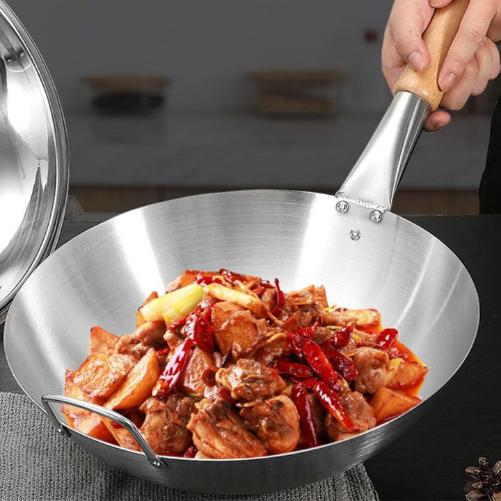 BESTonZON Edelstahlpfanne Edelstahl-Wok 13 Pfannen Chinesischer Wok Mit Holz- Und Stahl-Hilfsgriff F