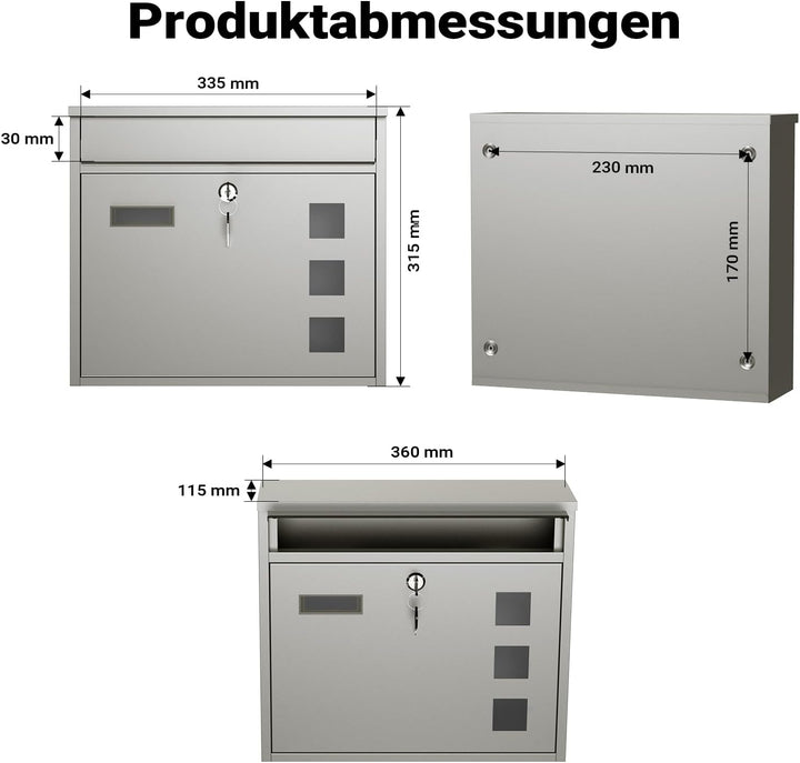 Wiltec Briefkasten V12 Edelstahl 360 x 115 x 315 mm, Wandbriefkasten mit Schloss, Sichtfenstern und