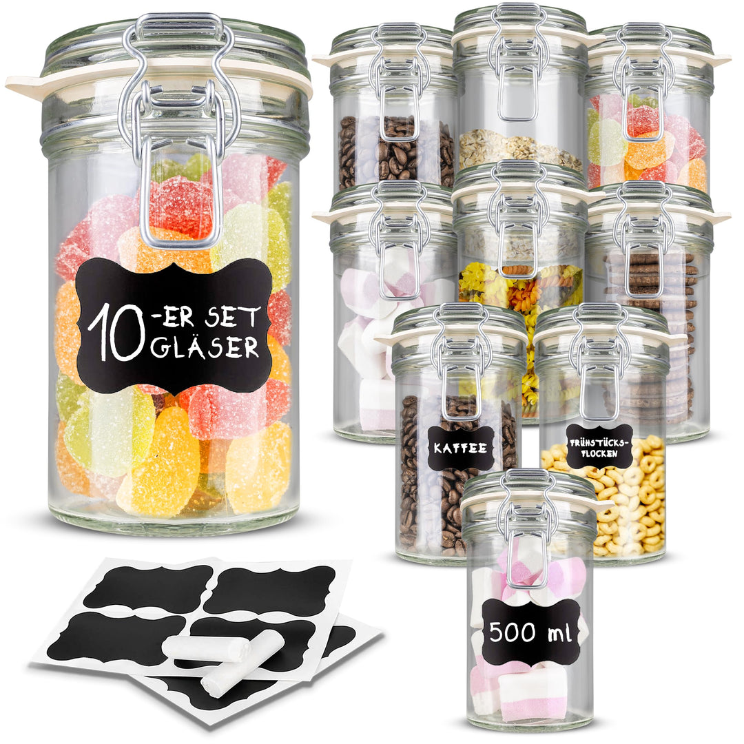 Creative Home 10 x Einmachgläser mit Bügelverschluss | 500ml x 10 Teilig | Vorratsgläser mit Deckel