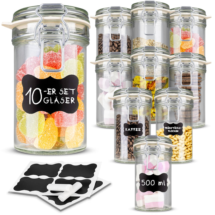 Creative Home 10 x Einmachgläser mit Bügelverschluss | 500ml x 10 Teilig | Vorratsgläser mit Deckel