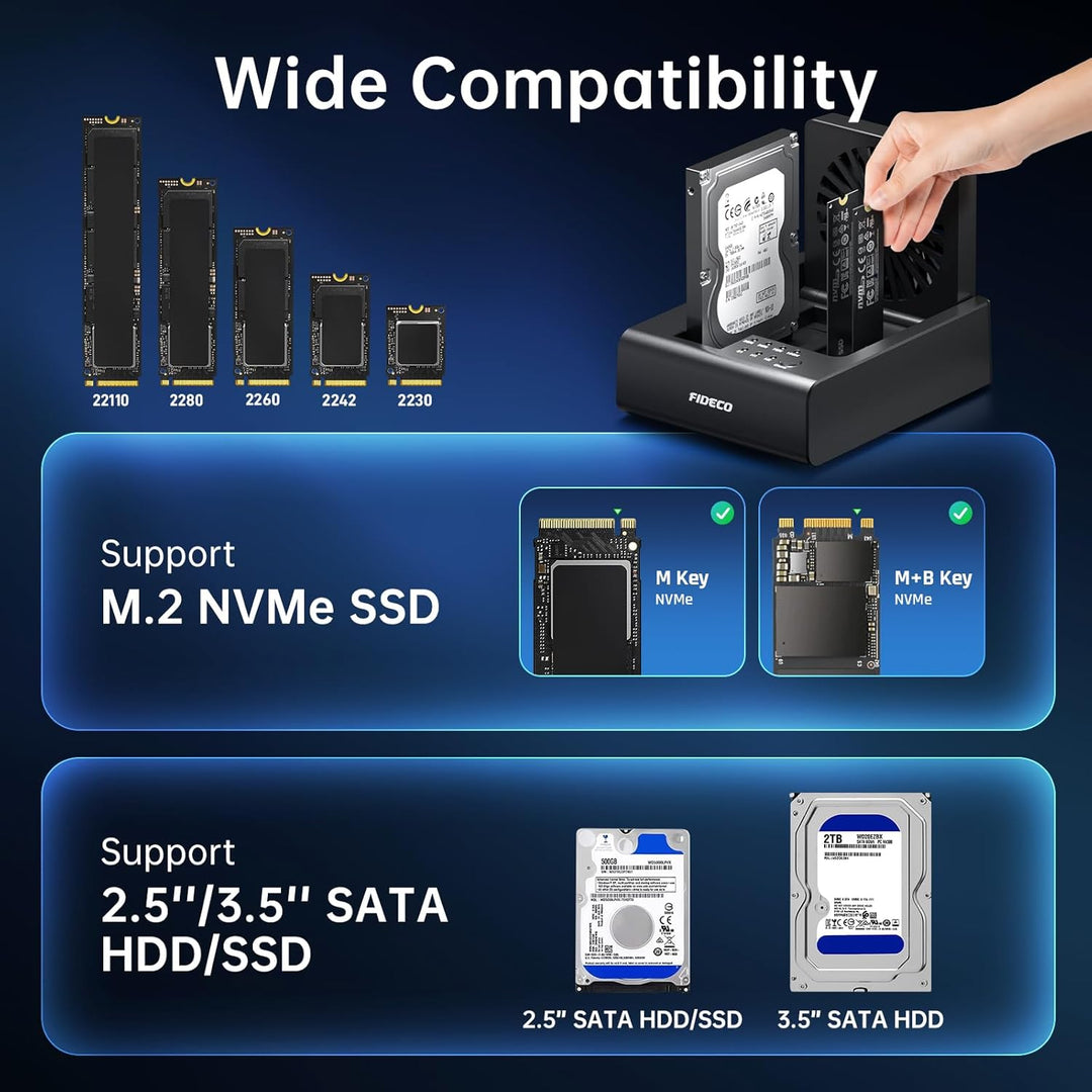 FIDECO HDD/M.2 NVMe SSD Cloner Docking Station, USB 3.2 Gen 2 (10 Gbit/s), 3-Bay Festplatten-Cloner-