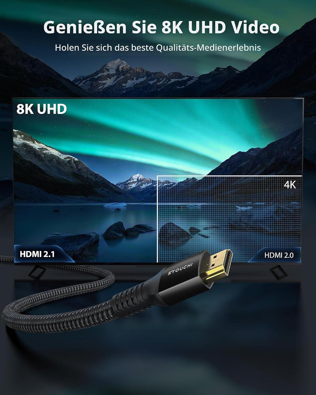 Stouchi 2m HDMI Kabel 8K,Ultra HD 48Gbit/s Hochgeschwindigkeit 8K60hz 4K120hz 144Hz 165Hz RTX,DSC eA