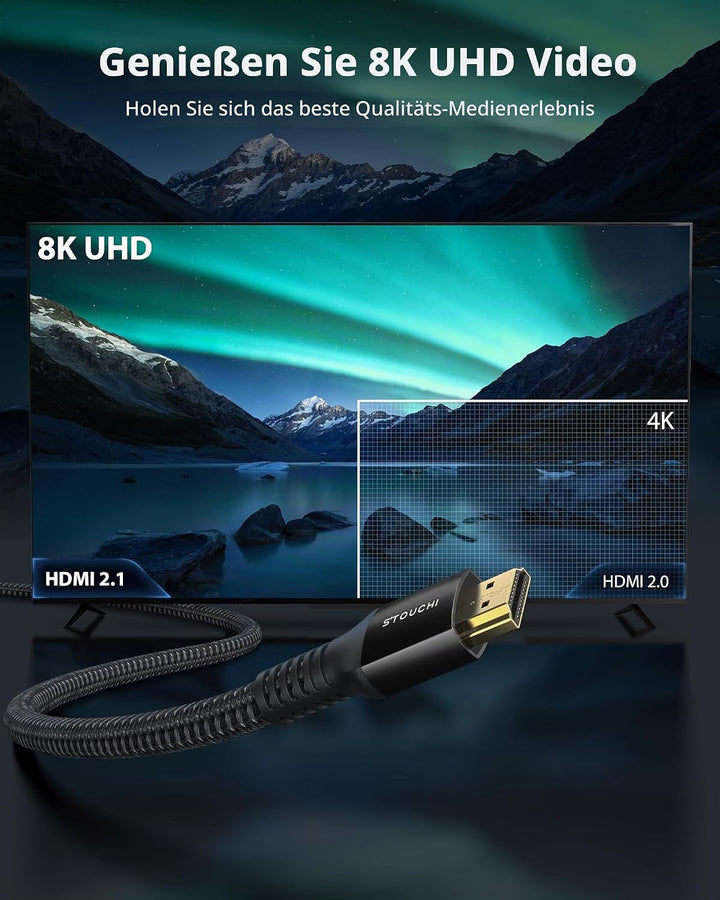 Stouchi 2m HDMI Kabel 8K,Ultra HD 48Gbit/s Hochgeschwindigkeit 8K60hz 4K120hz 144Hz 165Hz RTX,DSC eA