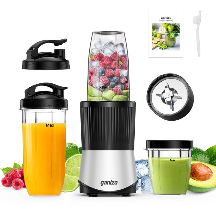 Ganiza Smoothie Maker, 900W Mini Standmixer, Mixer mit 25.000 U/min, 3 Tritan-To-Go-Bechern(300ml&50