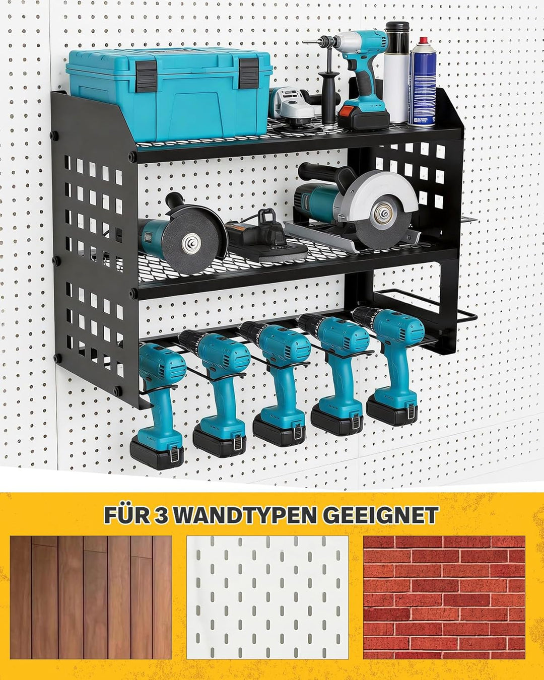 Ribelli Werkzeug Wandhalterung 3 Ebenen mit Haken, Metal Werkzeugregal für 4 Elektrowerkzeug, Akkusc