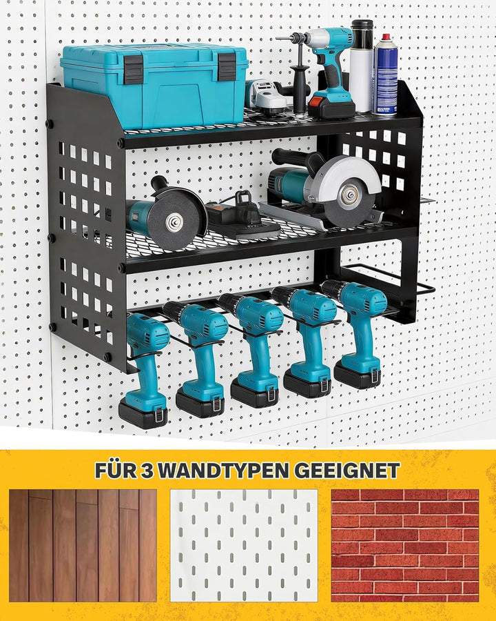 Ribelli Werkzeug Wandhalterung 3 Ebenen mit Haken, Metal Werkzeugregal für 4 Elektrowerkzeug, Akkusc