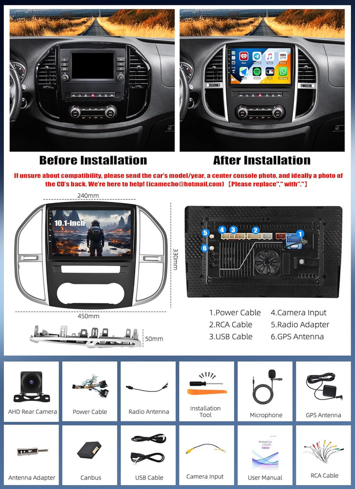 4G+64G CAMECHO Android 15 Qualcomm Octa Core Autoradio für Mercedes Benz Vito 3 W447 mit Carplay And