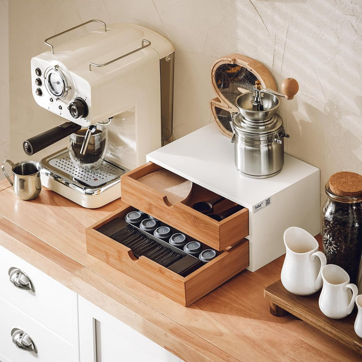 SoBuy® FRG180-WN Kaffeekapsel Box aus MDF und Bambus Kapselspender Kapselständer mit 2 Schubladen Au