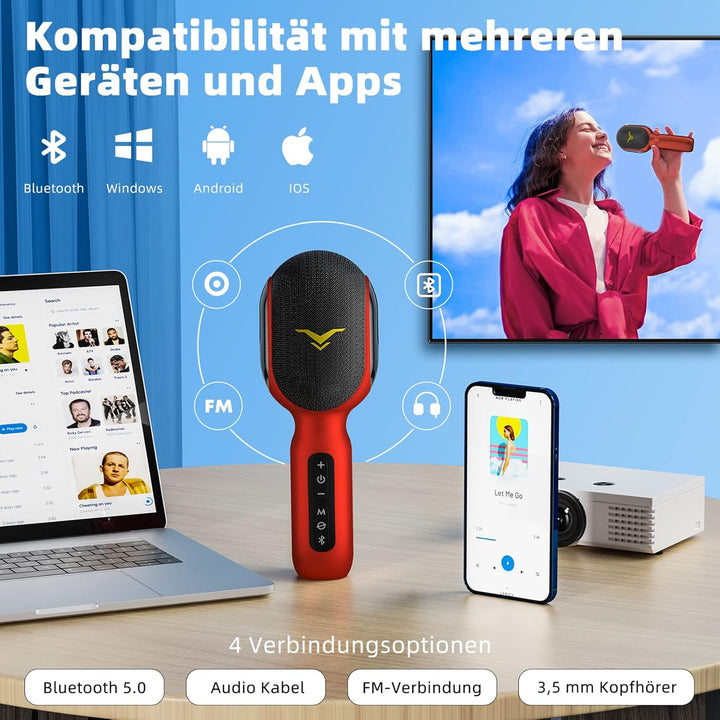 Karaoke Mikrofon, LED Drahtloses Bluetooth Mikrofon, Tragbare LED Kinder Karaoke Mikrofon mit Musik