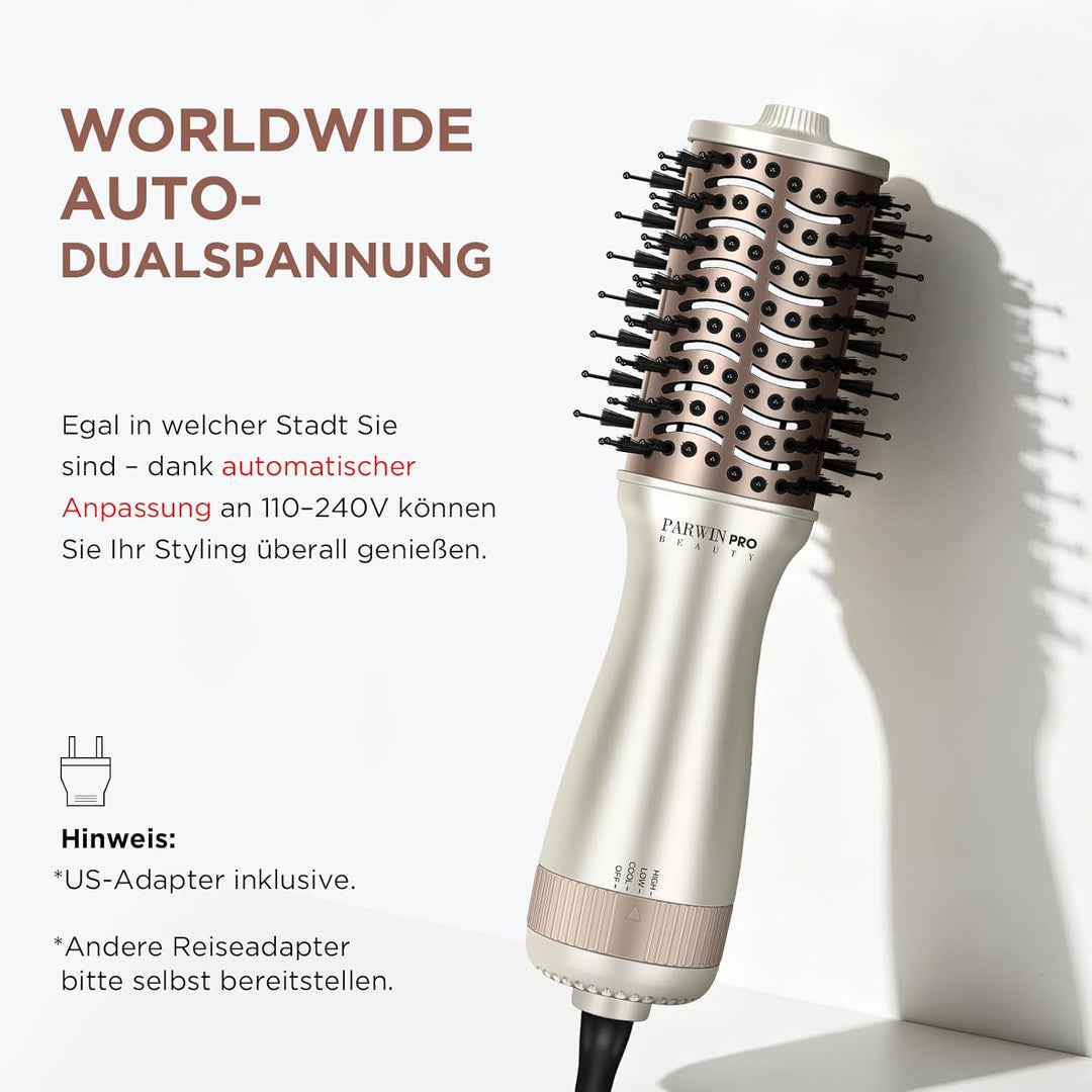 Mini Reise-Warmluftbürste, PARWIN PRO BEAUTY Ovale Föhnbürste mit automatischer Doppelspannung 110–2
