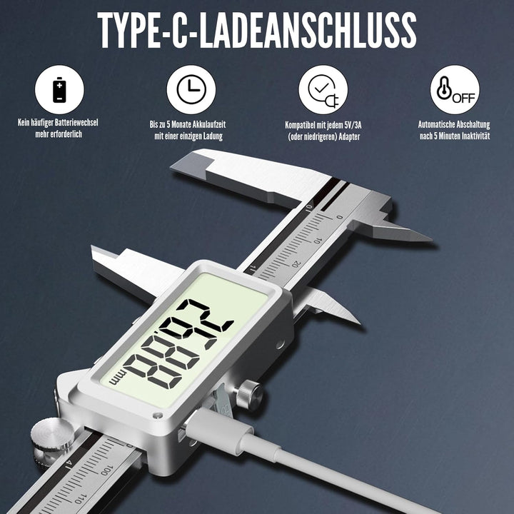 Digitaler Messschieber 150 mm - Wiederaufladbare Messschieber Digital Edelstahl mit Hochauflösendes