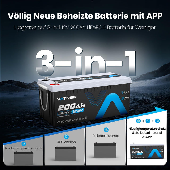 12V 200AH Selbsterwärmung LiFePO4 Lithium-Batterie mit 200A BMS über 5000 Mal Tiefzyklus -20℃ Tiefte