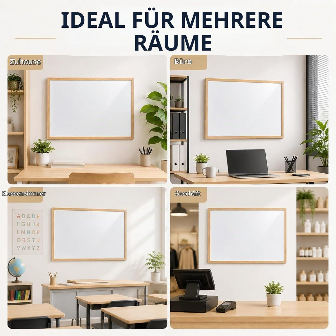 60x90cm Whiteboard mit Holzrahmen, Kreidetafel Löschbar, Weiss Tafel Schwarzer Marker 60x90cm Weiss,