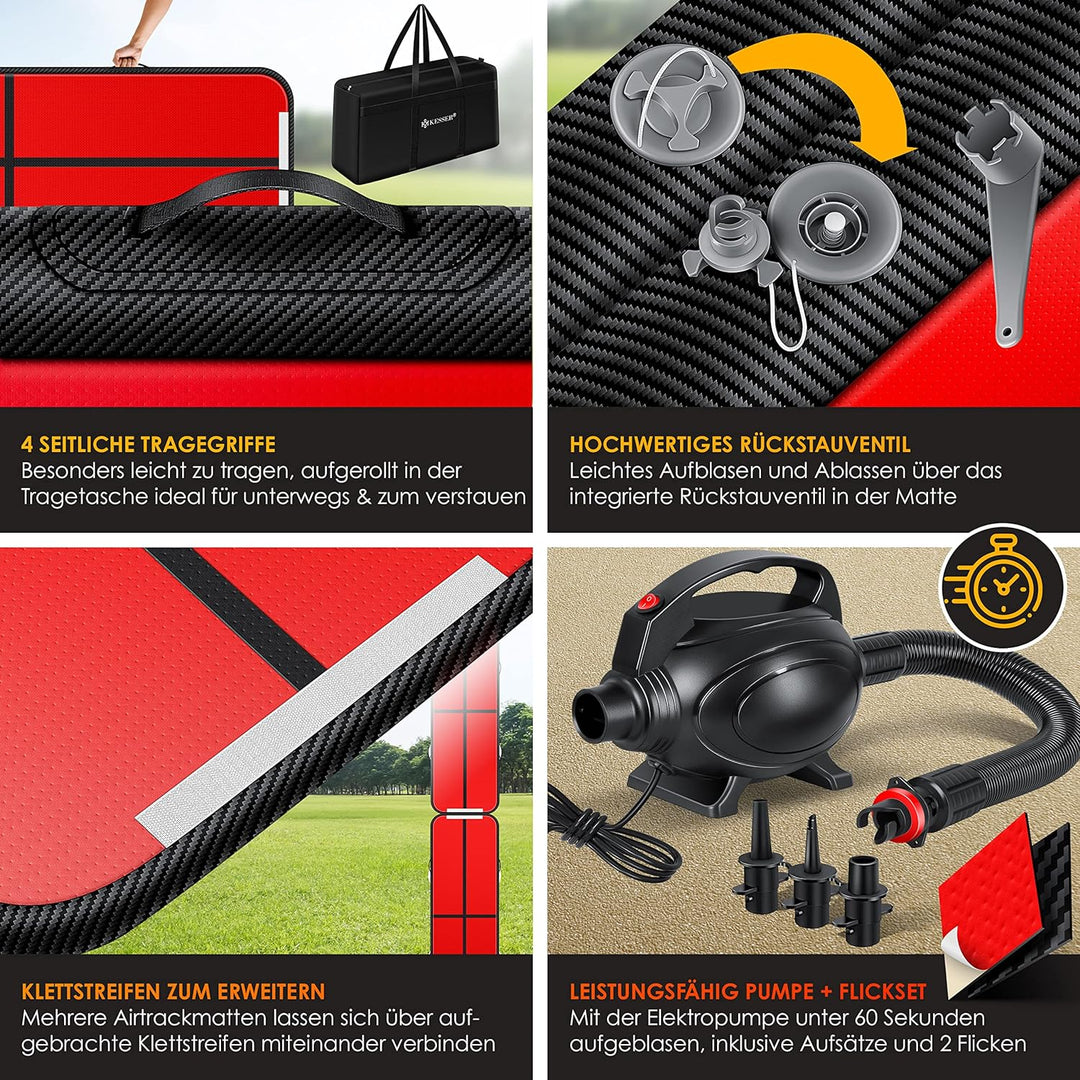 KESSER® Turnmatte Aufblasbar Airtrack Fitness-Matte Gymnastikmatte | inkl. Tragetasche & elektr. Luf