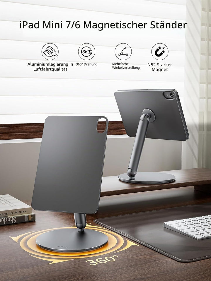LULULOOK Magnetisch iPad mini 7 Ständer mit 360° Drehbar Basis, Aluminium Faltbar Mini 6 Halterung T