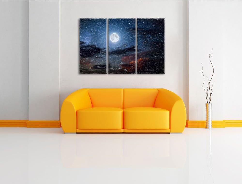 Pixxprint Leuchtender Mond am Nachthimmel Kunst Buntstift Effekt 3-Teiler Leinwandbild 120x80 Bild a