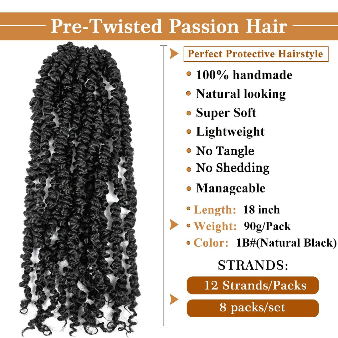 Passion Twist Hair Vorgedrehtes Passion Twist Häkelhaar 18 Zoll 8 Packungen Flechthaar Häkelhaar YDD