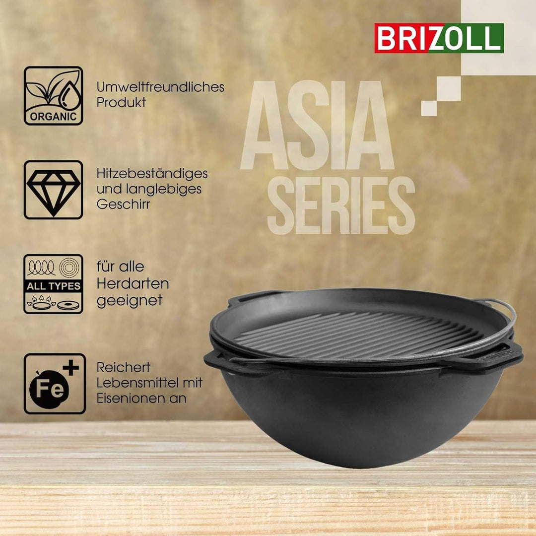 12L Gusseisen Schwenktopf Kazan Asia Kasan mit Deckel-Grillpfanne aus Gusseisen Grillwok Wokpfanne G