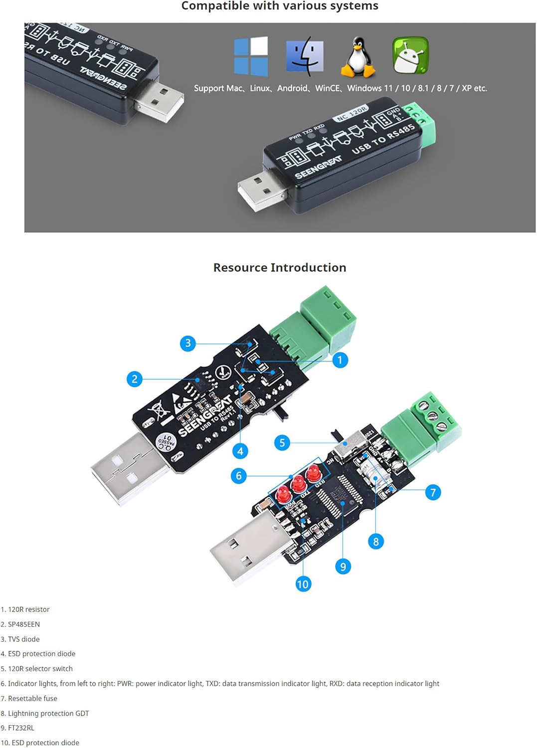 USB to RS485 Converter, Industrial RS485 to USB Converter with Onboard Original FT232RL and SP485EEN