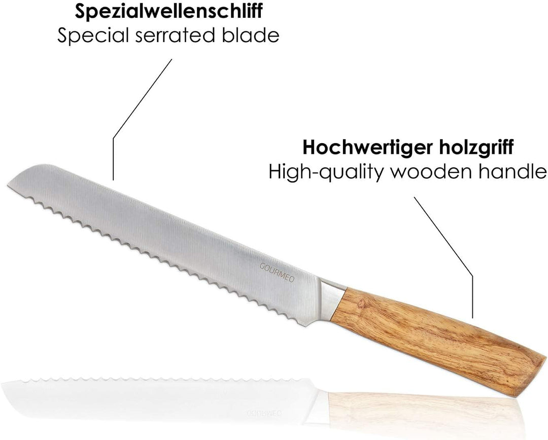 GOURMEO Brotmesser mit edlem Echtholzgriff - Rostfreier Edelstahl mit Wellenschliff - Klingenlänge: