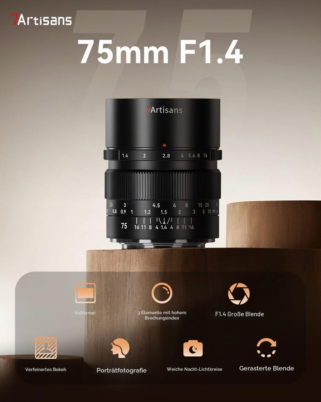7Artisans 75 mm F1.4 für Sony E-Mount-Objektiv, Vollformat, manuelle Fokussierung, kompatibel mit So