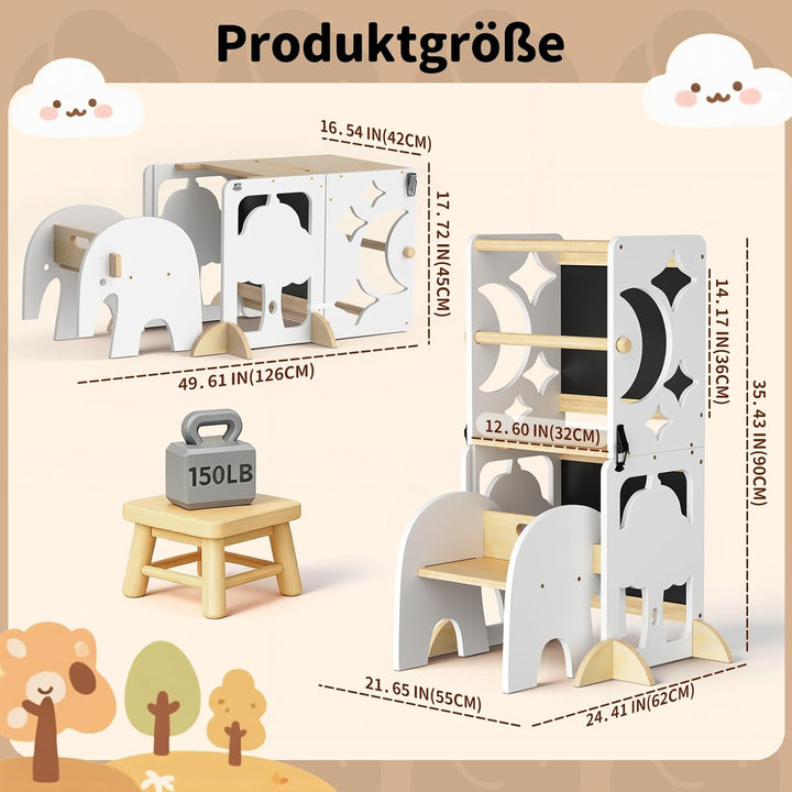 COSYLAND Lernturm ab 1 Jahr, klappbar – 4in1 Lernturm Kinder mit Doppeltafel, Stehhilfe & Schreibtis
