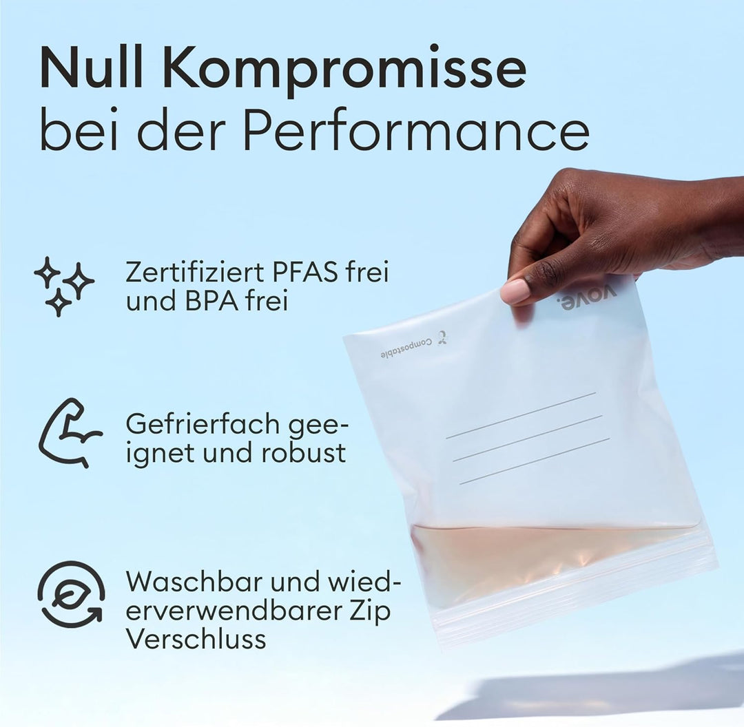Vove kompostierbare Gefrierbeutel mit luftdichtem Zip-Verschluss, 1 L, 30 Stück - PFAS-frei, BPI-zer