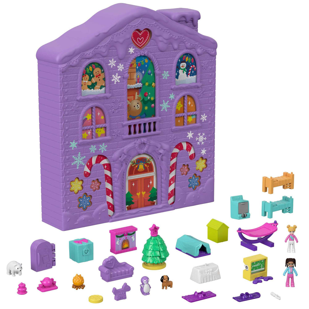 Polly Pocket Adventskalender, Winterhaus-Design, 4 Etagen mit 8 Zimmern, 25 Überraschungen zu entdec