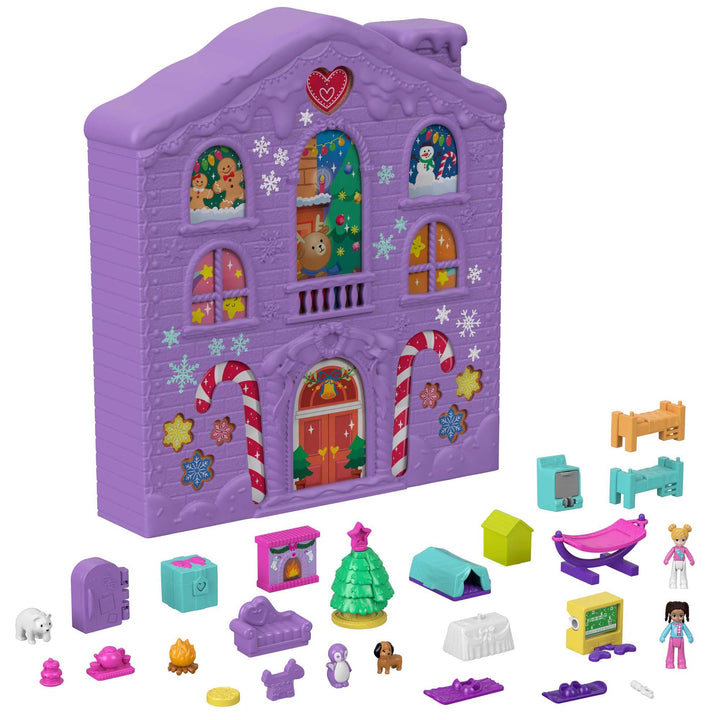 Polly Pocket Adventskalender, Winterhaus-Design, 4 Etagen mit 8 Zimmern, 25 Überraschungen zu entdec