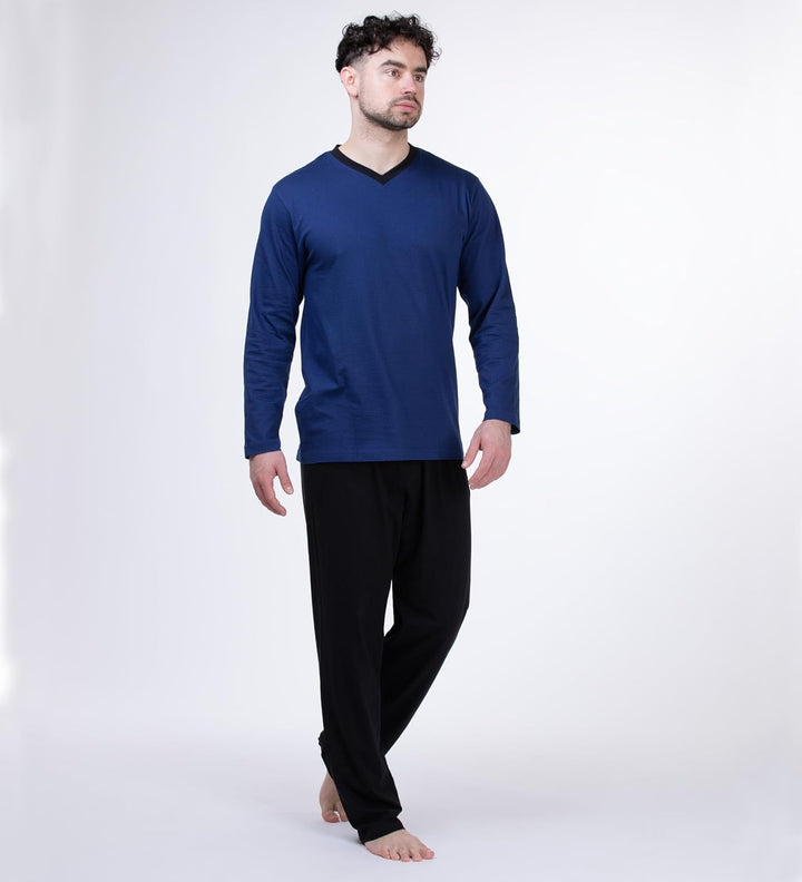 Moonline - Herren Schlafanzug lang aus 100% Baumwolle mit V-Ausschnitt und Streifen-Design M Blau, M